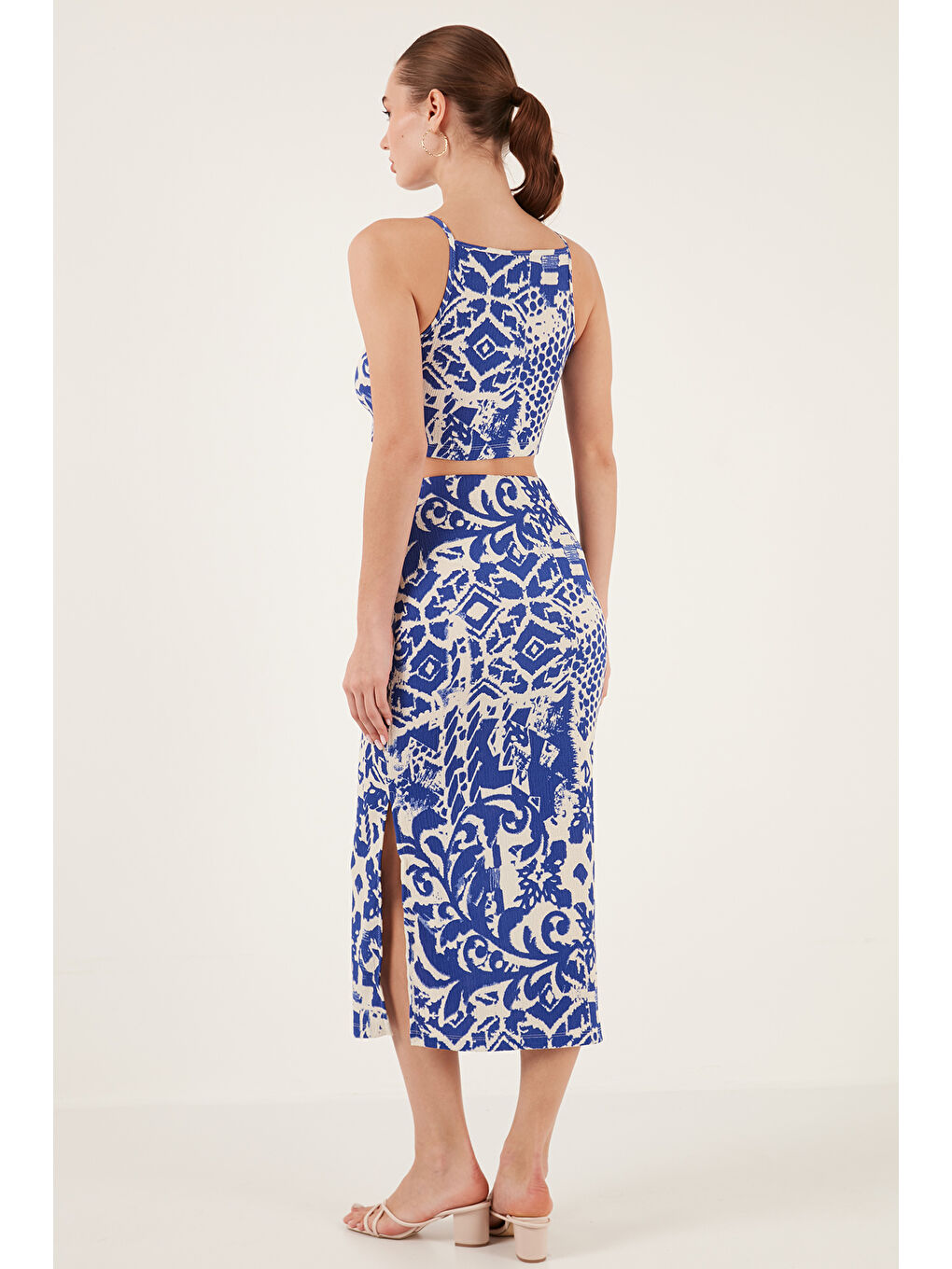 Mavi Slim Fit İp Askılı Yırtmaçlı Midi Alt-Üst Takım 5865726-5