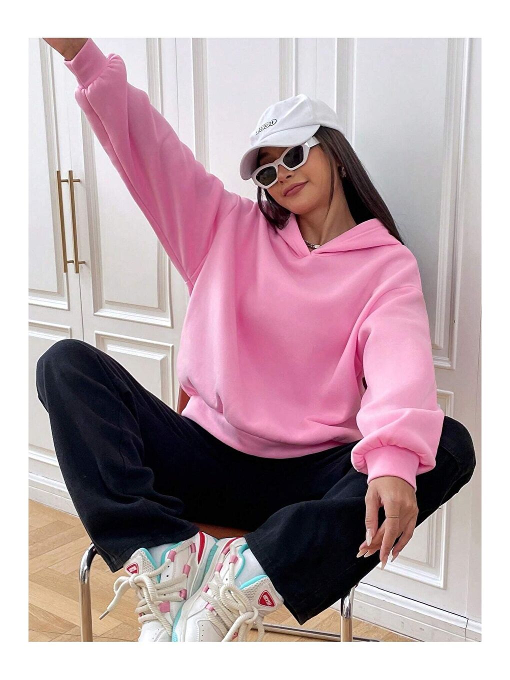 Trendseninle Pembe Kadın PEMBE Urban Lifestyle Baskılı Oversize Kapüşonlu Sweatshirt - 1