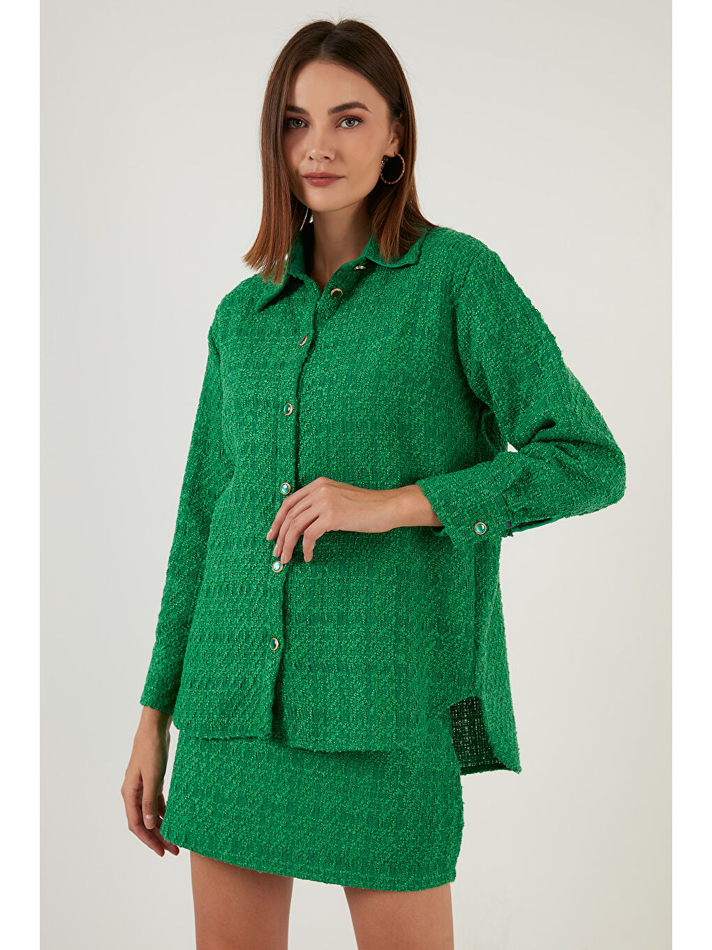 Yeşil Pamuklu Oversize Tüvit Gömlek 42190503-5
