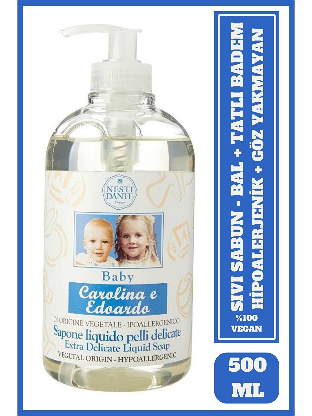 Baby Carolina E Edoardo Sıvı Sabun 500 ml| Badem| Hipoalerjenik ve Göz Yakmayan|El ve Vücut Sabunu