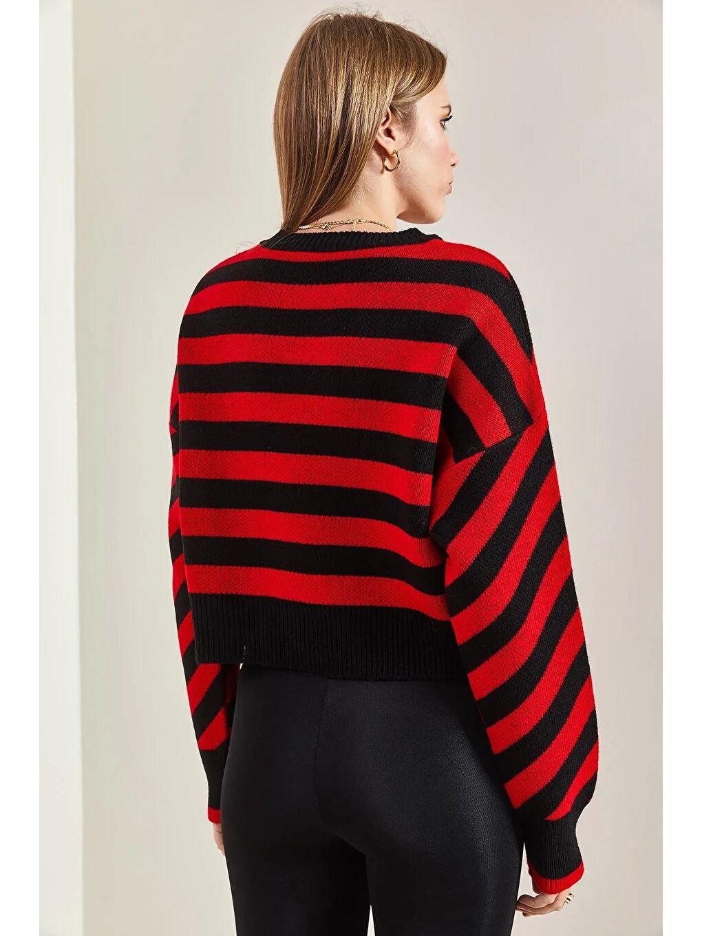 Siyah Kadın Çizgili Triko Kazak-3