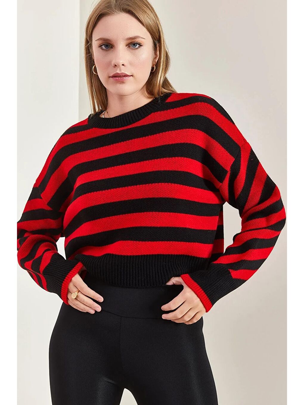 Siyah Kadın Çizgili Triko Kazak-4