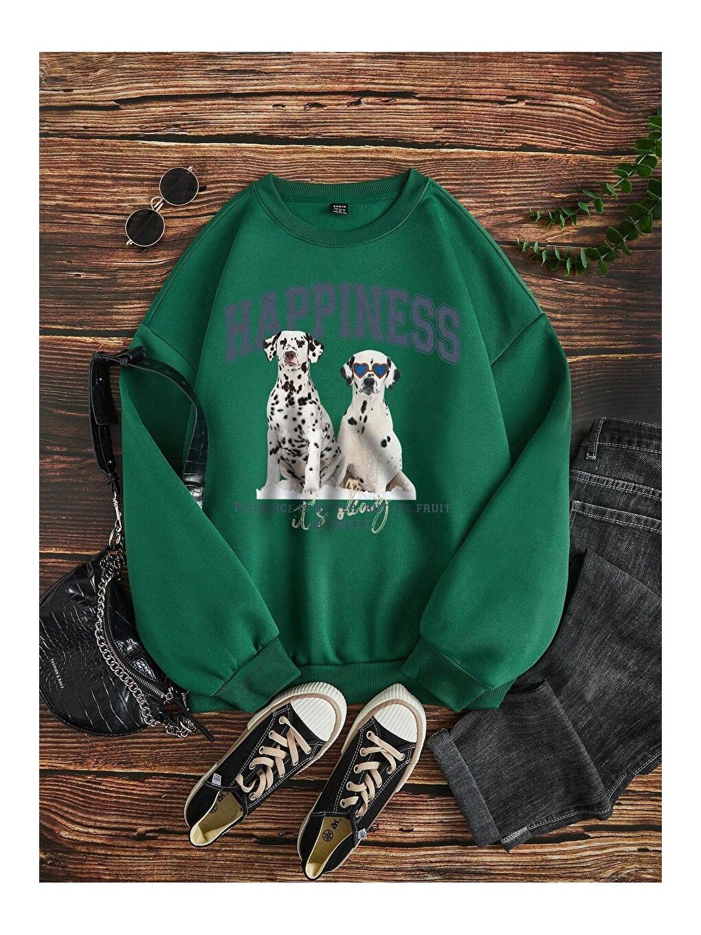 Trendseninle Yeşil Kadın Nefti Yeşili Dalmatian Dog Baskılı Bisiklet Yaka Sweatshirt