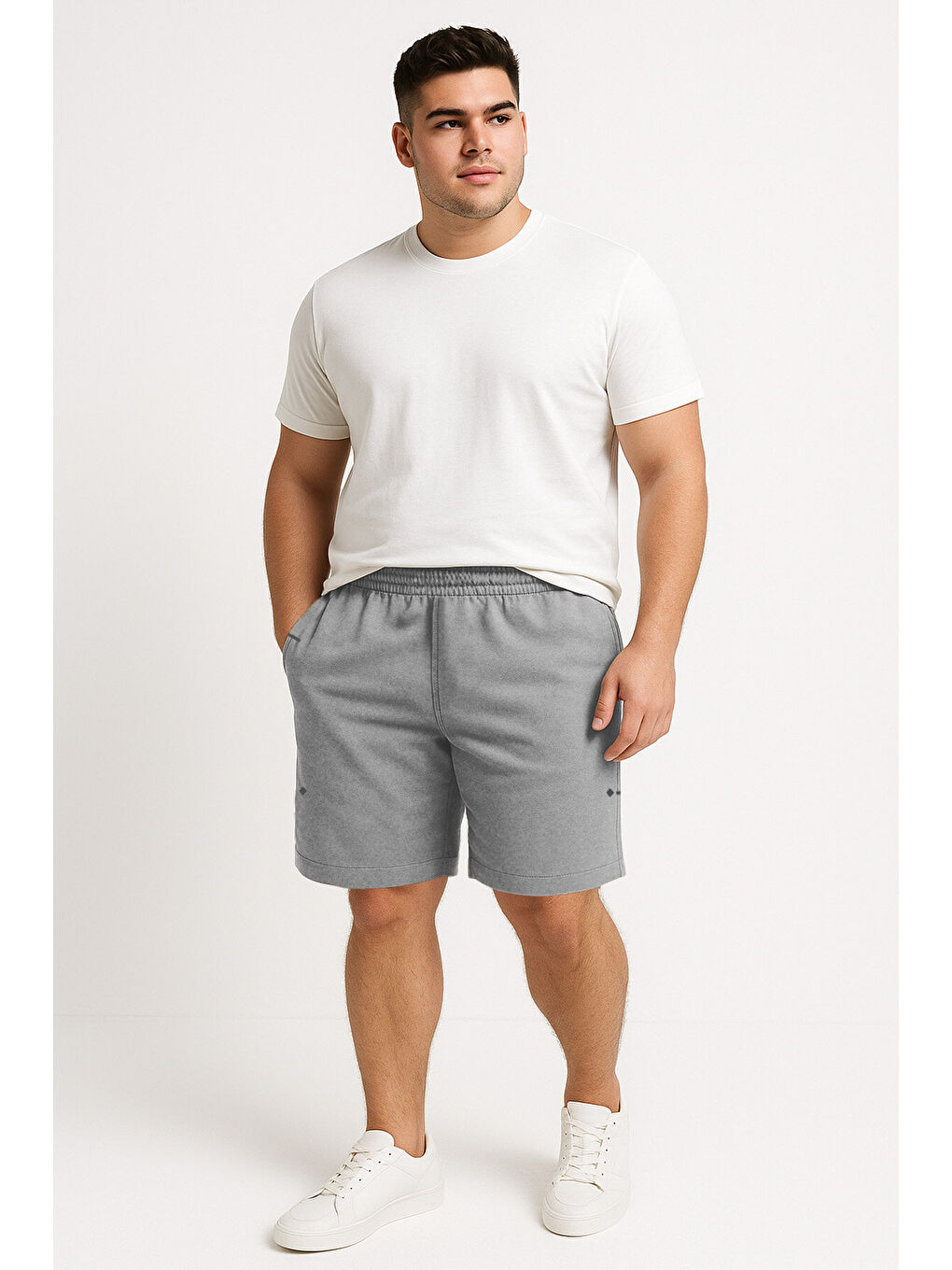 Gri Melanj Rahat Form Bağcıklı Cep Detaylı Battal  Erkek Büyük Beden Şort - 81297-1