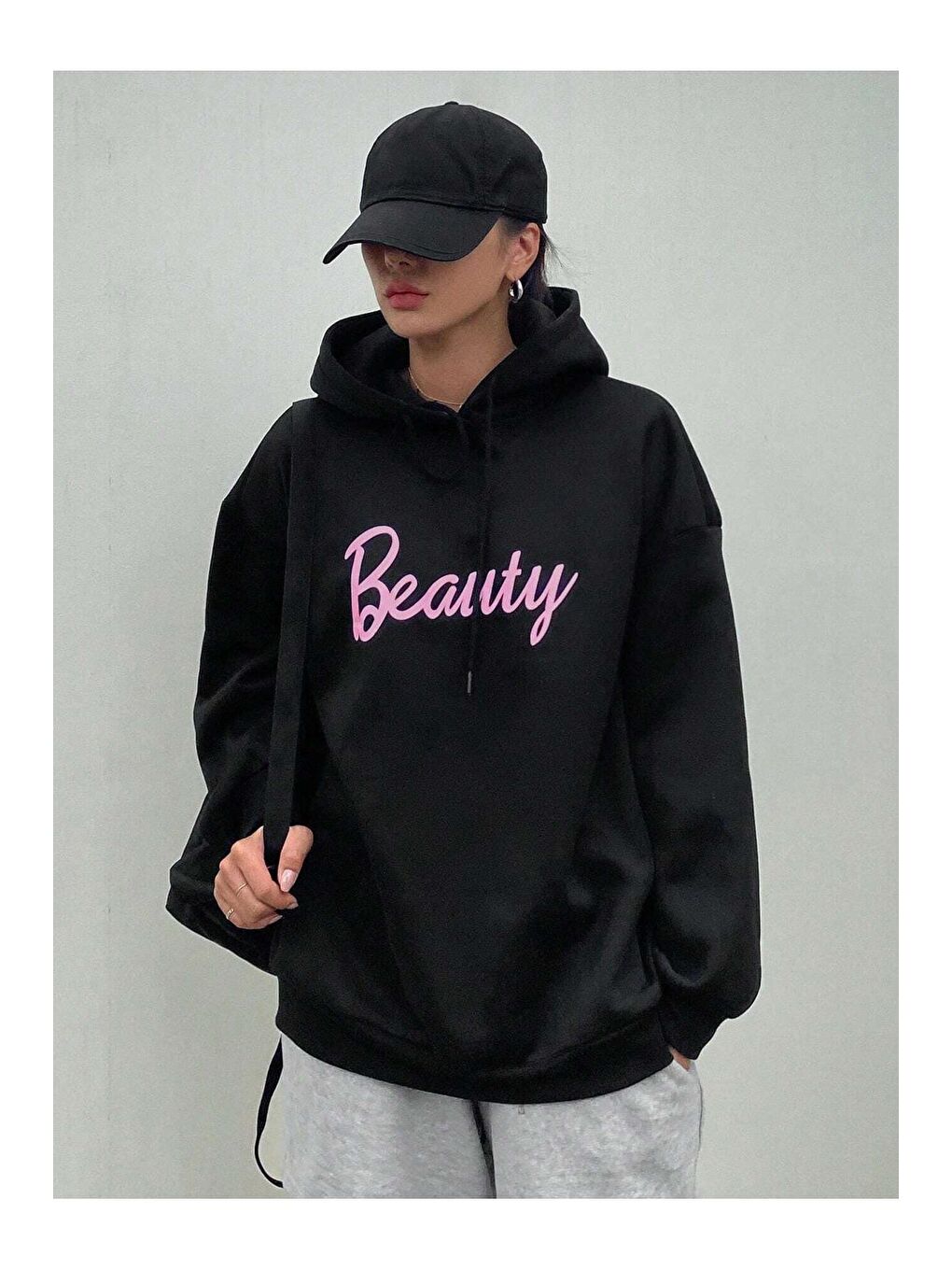 Trendseninle Siyah Kadın SİYAH Beauty Baskılı Kapüşonlu Sweatshirt - 4