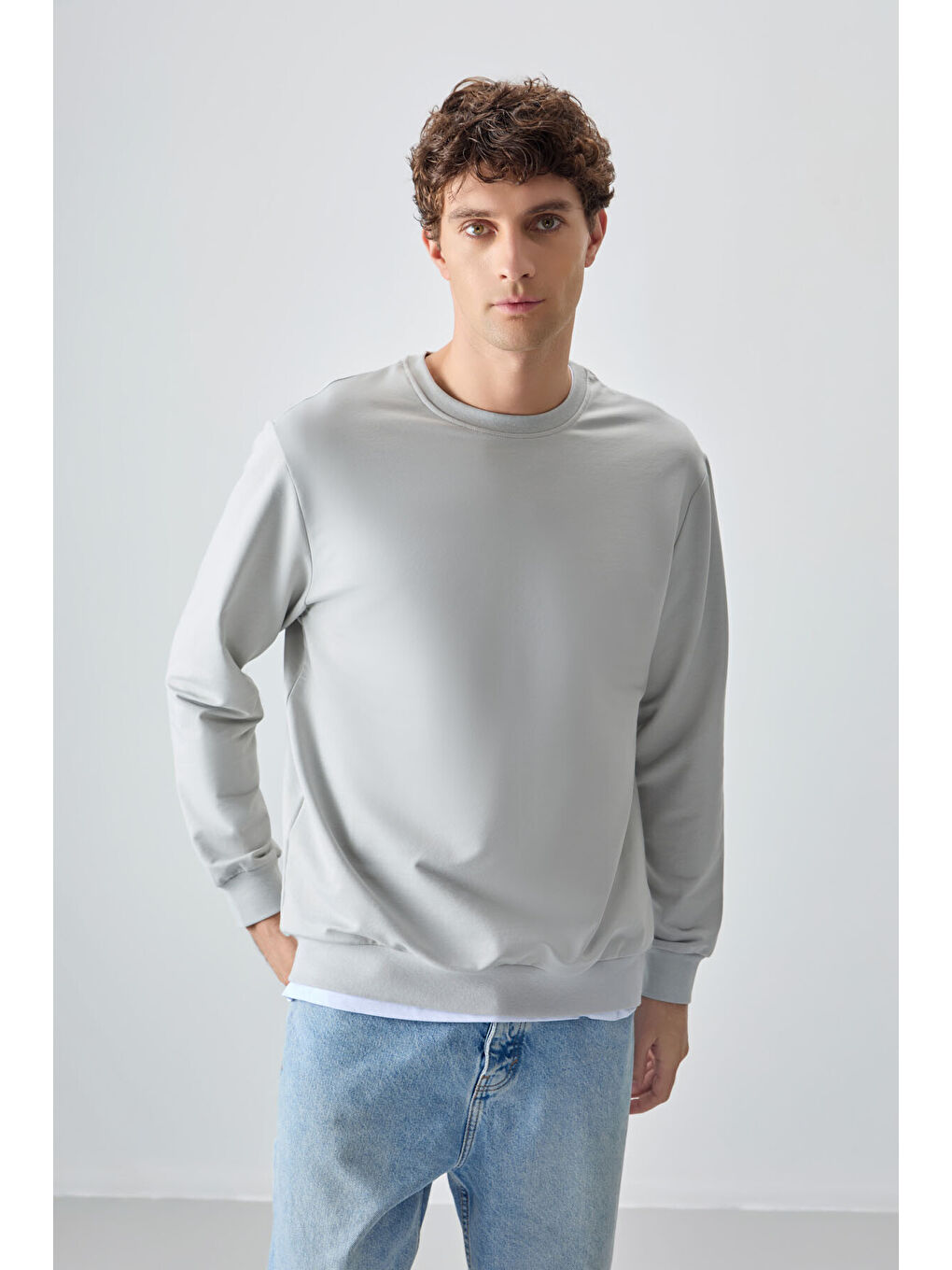 Bej Taş Pamuk Dokulu Standart Fit Basic Erkek Sweatshirt - 88363