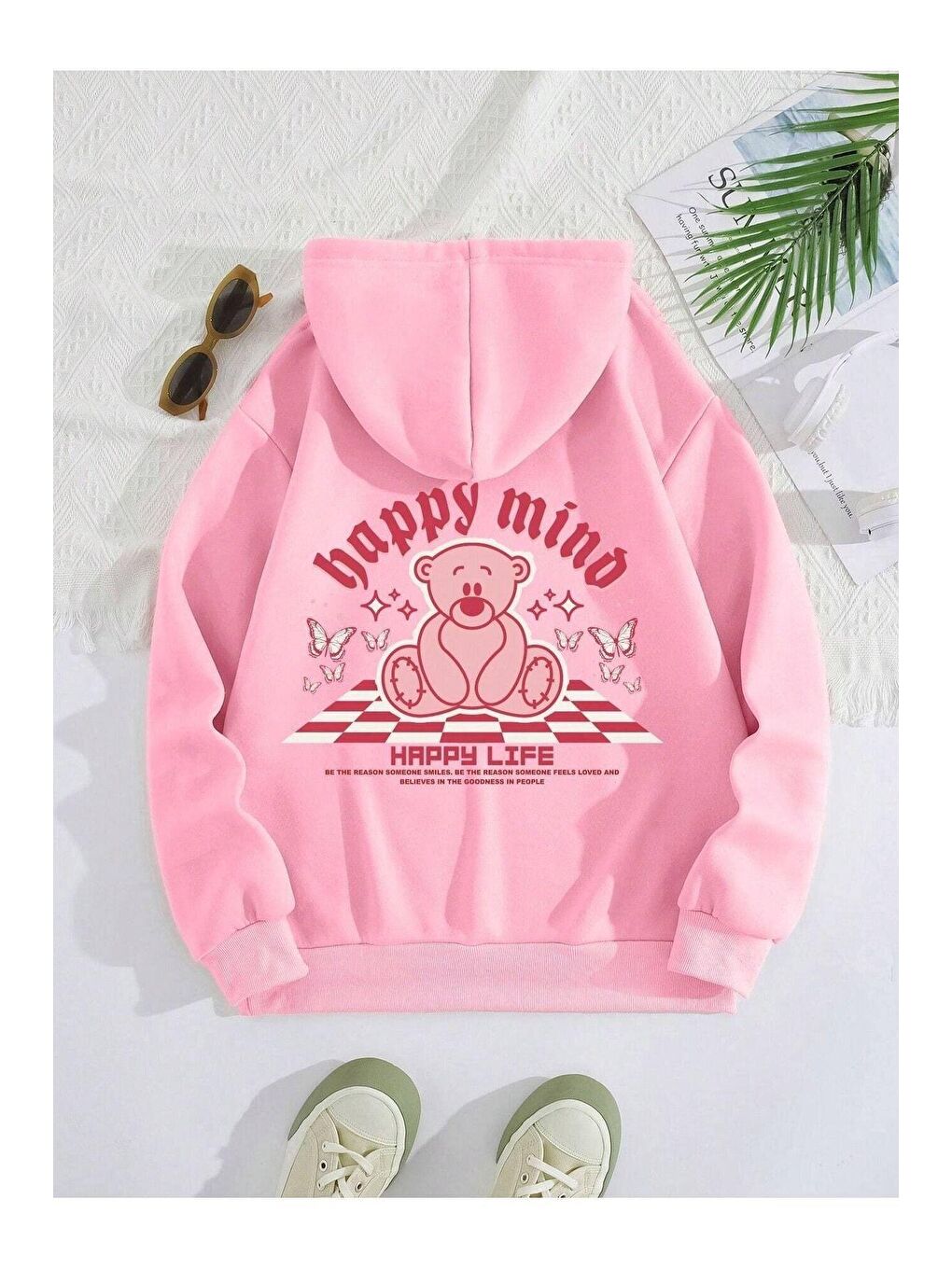 Trendseninle Pembe Kadın Pembe Happy Mind Happy Life Baskılı Kapüşonlu Sweatshirt