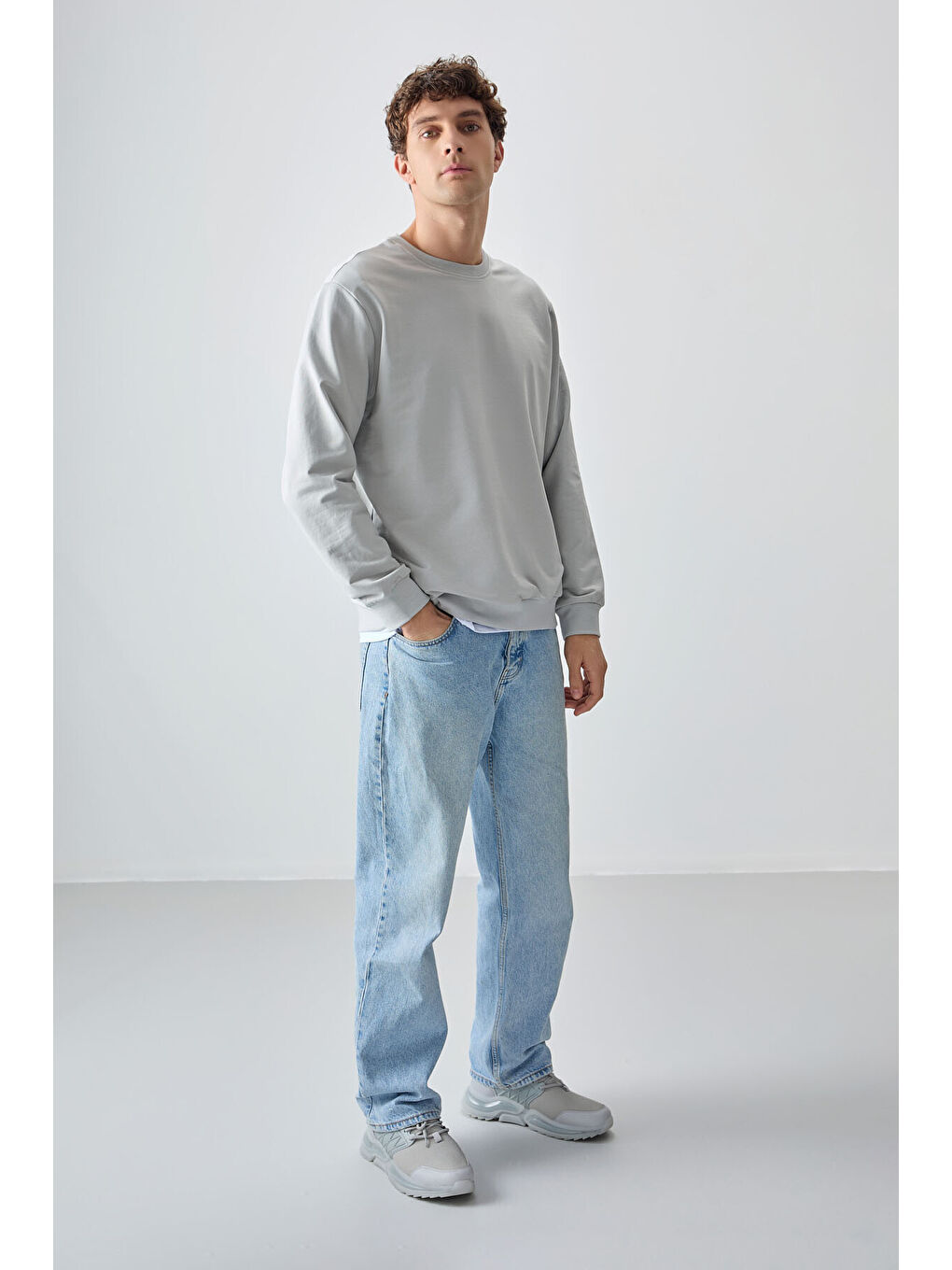 Bej Taş Pamuk Dokulu Standart Fit Basic Erkek Sweatshirt - 88363-2