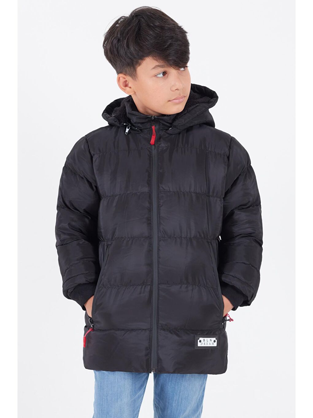 Siyah Erkek Çocuk Mont BLN Dream Baskılı Kapüşonlu Şişme Mont 14541-1