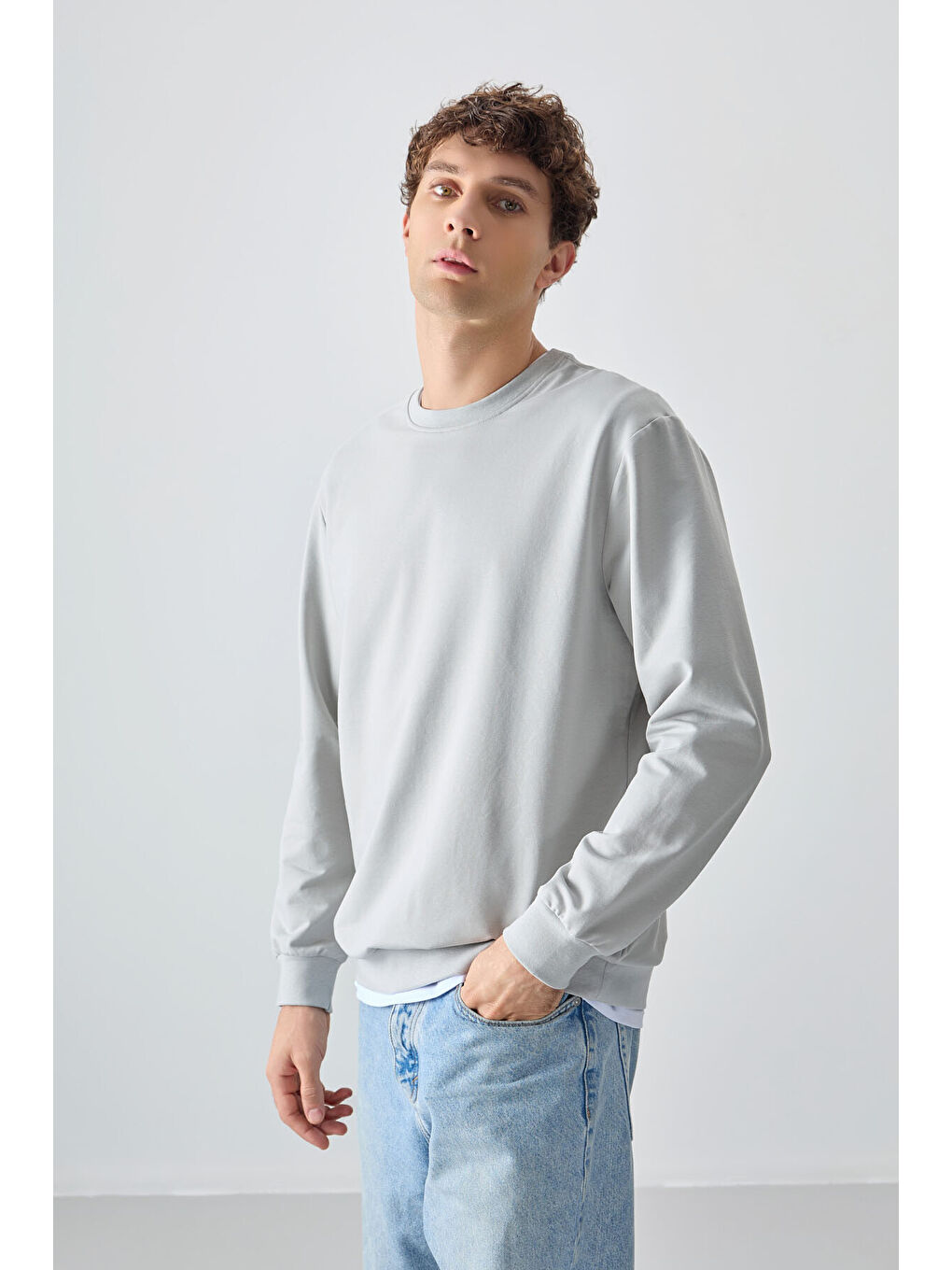 Bej Taş Pamuk Dokulu Standart Fit Basic Erkek Sweatshirt - 88363-3