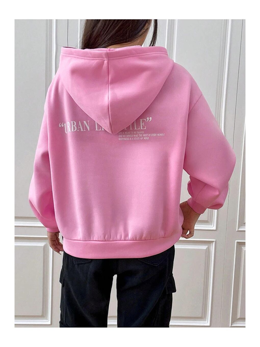 Trendseninle Pembe Kadın PEMBE Urban Lifestyle Baskılı Oversize Kapüşonlu Sweatshirt - 4