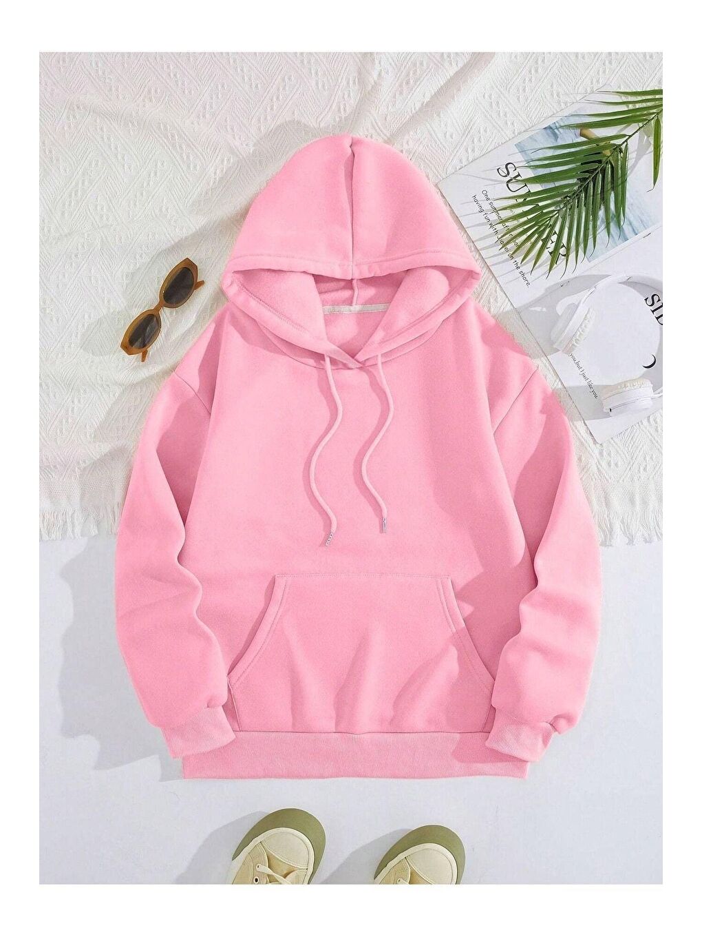 Trendseninle Pembe Kadın Pembe Happy Mind Happy Life Baskılı Kapüşonlu Sweatshirt - 1