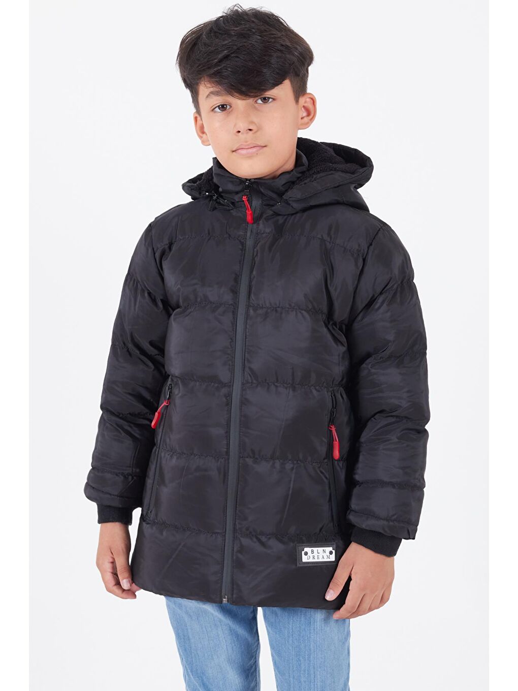 Siyah Erkek Çocuk Mont BLN Dream Baskılı Kapüşonlu Şişme Mont 14541-2