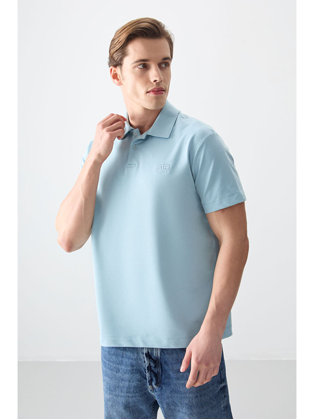 Açık Mavi Pamuklu Kalın Yumuşak Dokulu Polo Yaka Oversize Fit Basic Erkek T- Shirt - 88381-3