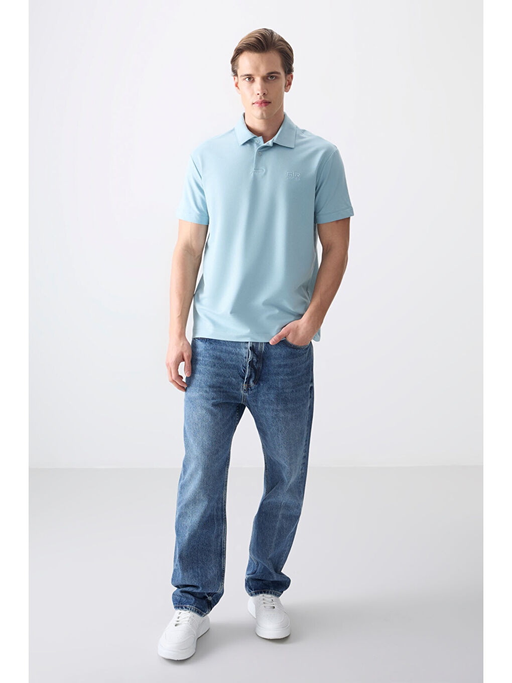 Açık Mavi Pamuklu Kalın Yumuşak Dokulu Polo Yaka Oversize Fit Basic Erkek T- Shirt - 88381-4