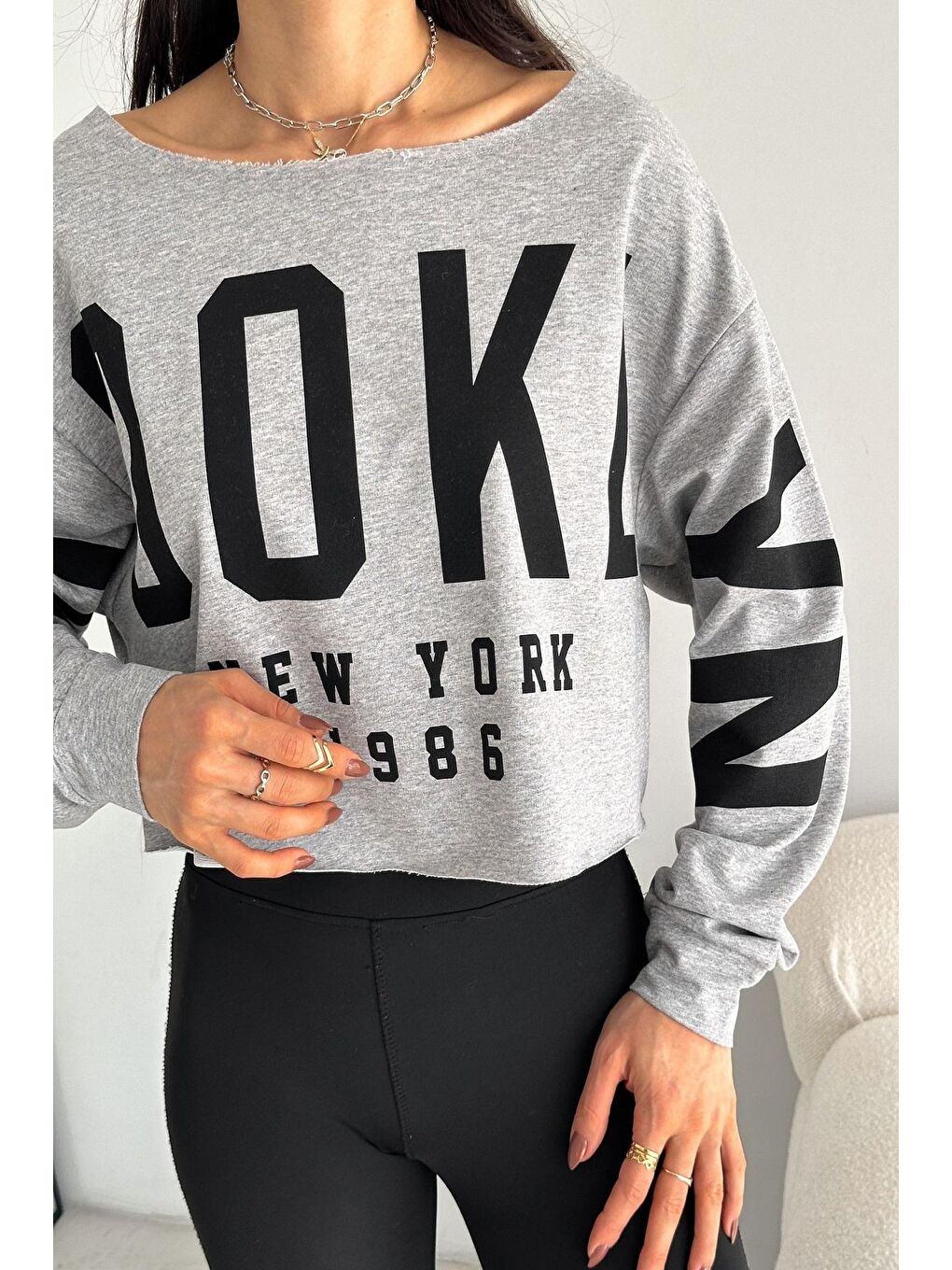 Gri Kadın Sweatshirt Crop-Geniş Yaka 2 İplik  108KDN-3