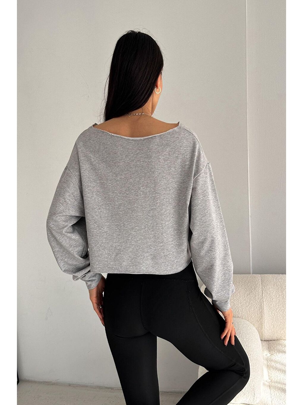 Gri Kadın Sweatshirt Crop-Geniş Yaka 2 İplik  108KDN-4