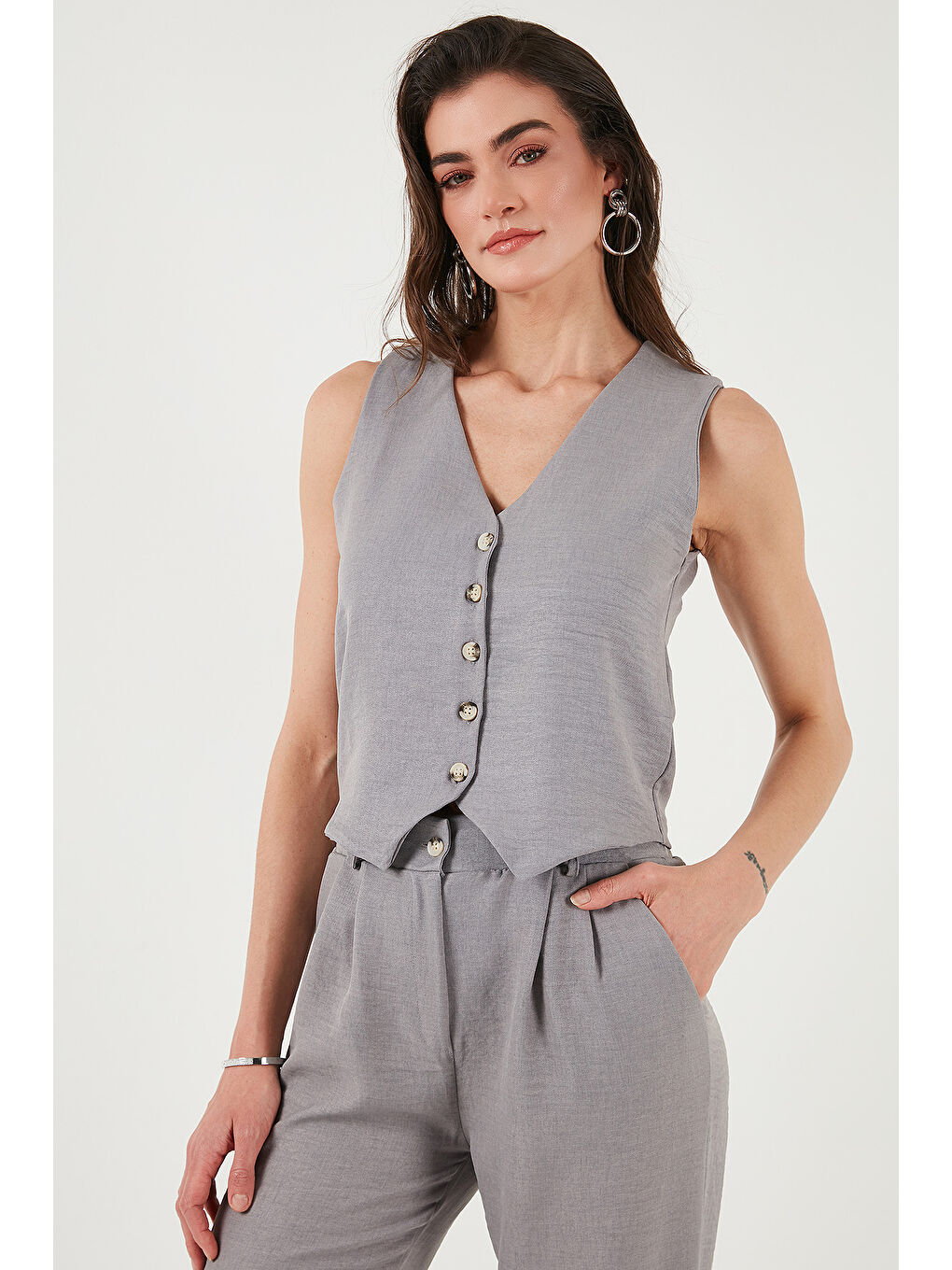 Gri Regular Fit Bol Paça Yelekli Takım 67045162S4-5