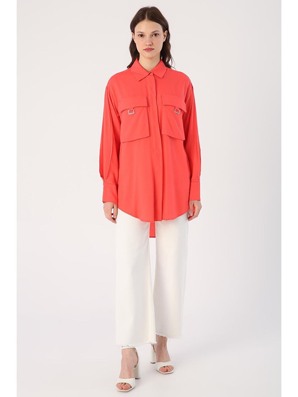 Kırmızı Nar Çiçeği Göğüs Cepli Gömlek Tunik-1