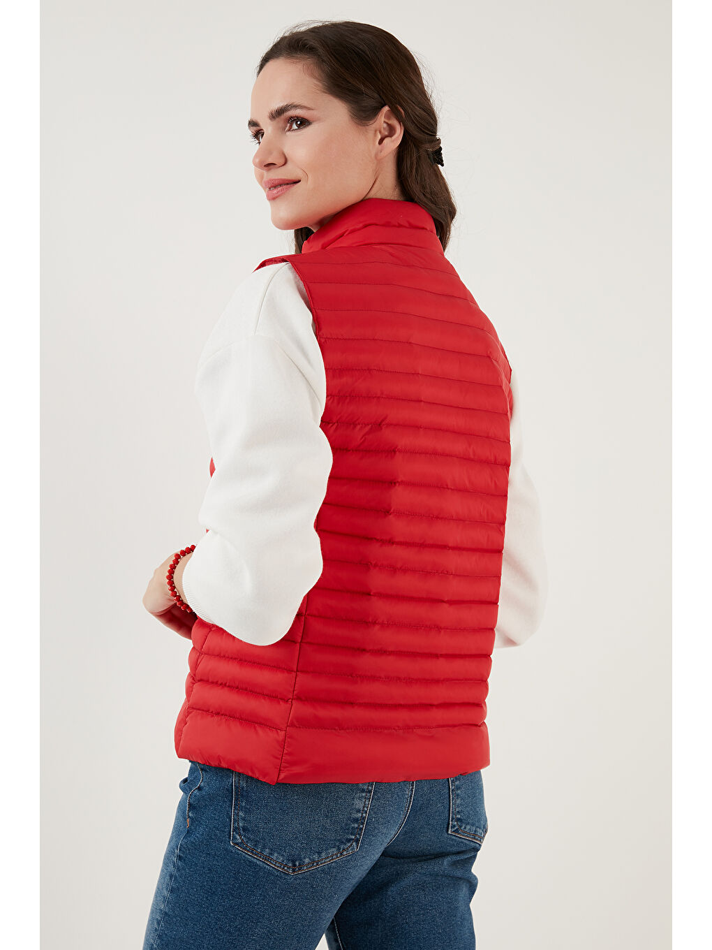 Kırmızı Slim Fit Dik Yaka Cepli Şişme Kadın Yelek 497TAMARA-5