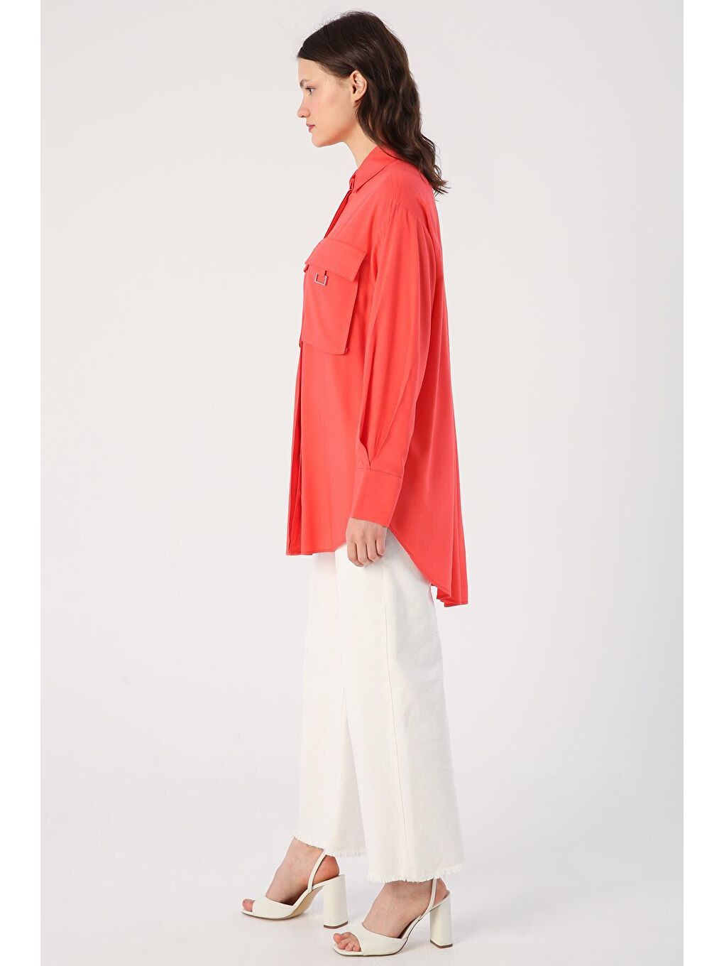 Kırmızı Nar Çiçeği Göğüs Cepli Gömlek Tunik-2