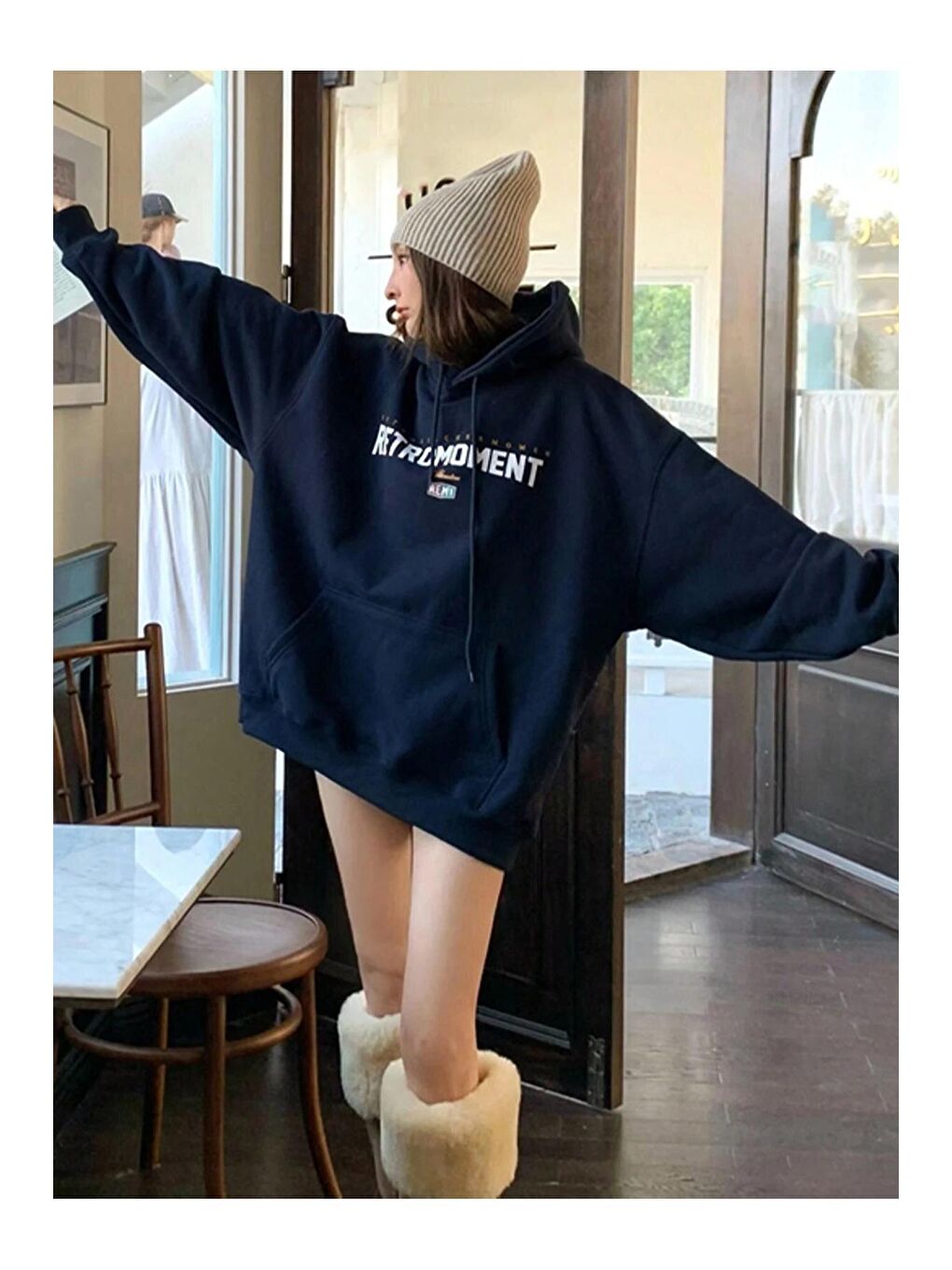 Trendseninle Lacivert Kadın LACİVERT Retromoment Baskılı Oversize Kapüşonlu Sweatshirt - 2