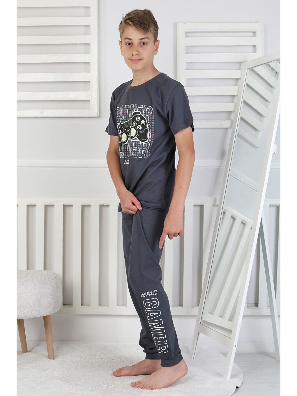 Antrasit Gamer Console Desenli Kısa Kollu Erkek Çocuk Pijama Takımı-7