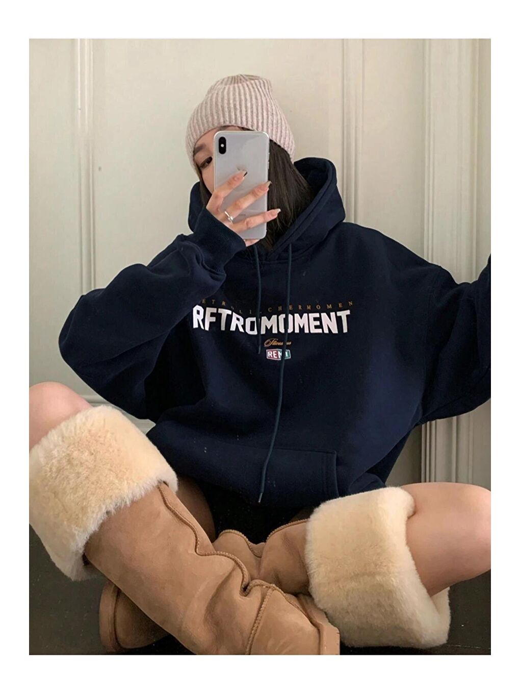 Trendseninle Lacivert Kadın LACİVERT Retromoment Baskılı Oversize Kapüşonlu Sweatshirt - 3