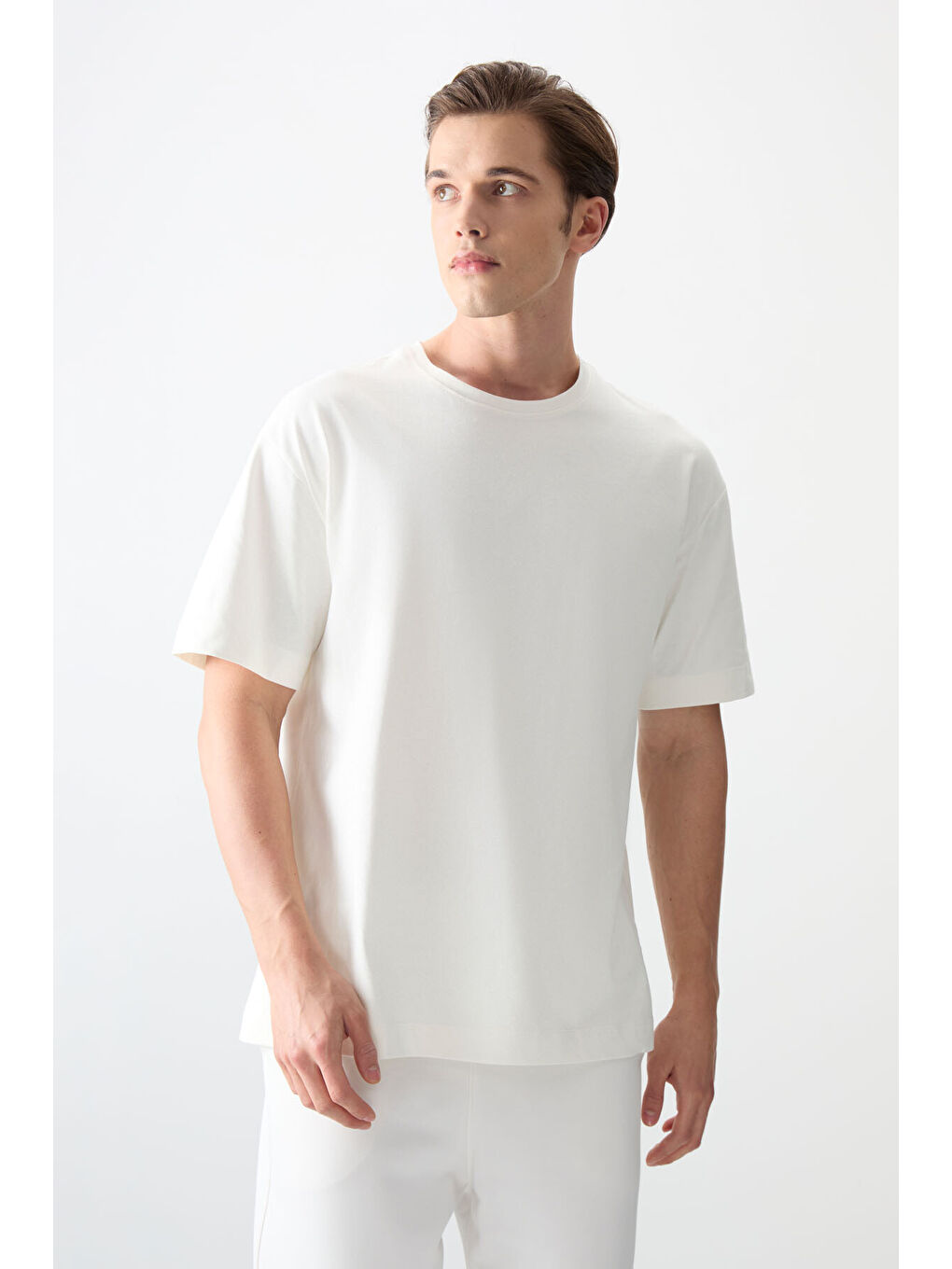 Ekru %100 Pamuk Kalın Yumuşak Dokulu Oversize Fit Basic Erkek Tişört - 88353