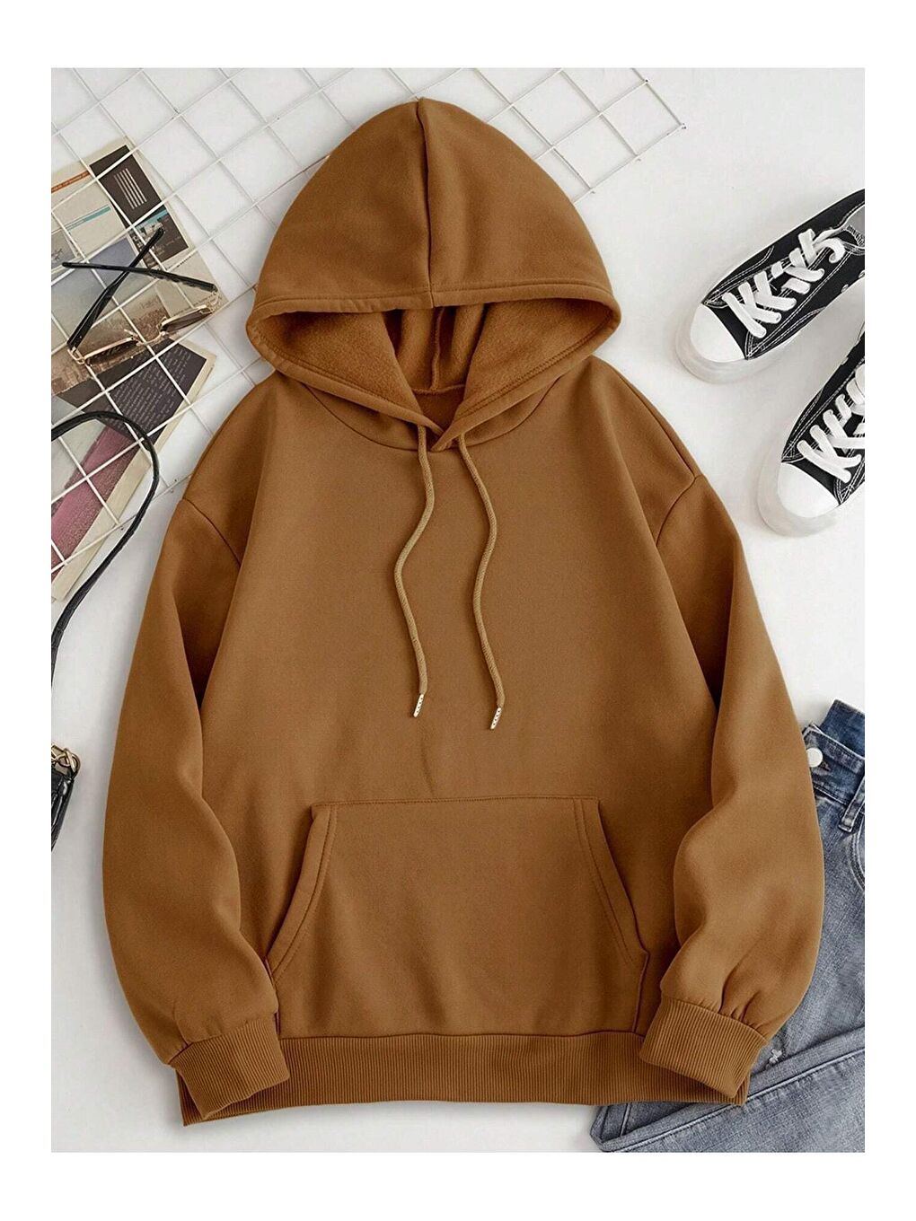 Kahverengi Unisex KAHVERENGİ Oversize Kapüşonlu Sweatshirt