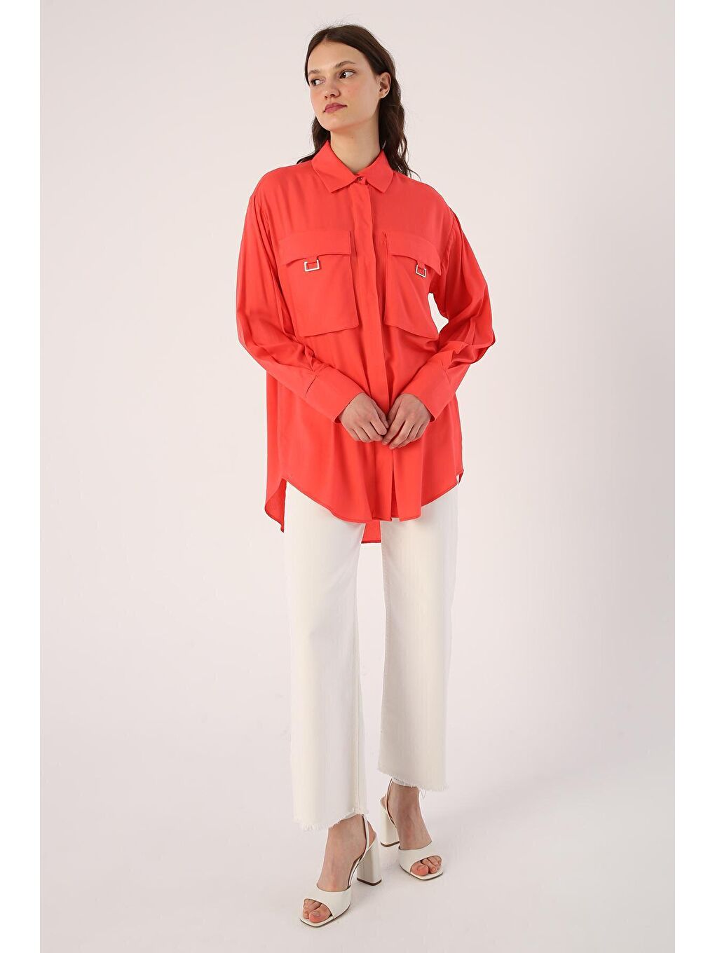 Kırmızı Nar Çiçeği Göğüs Cepli Gömlek Tunik-4