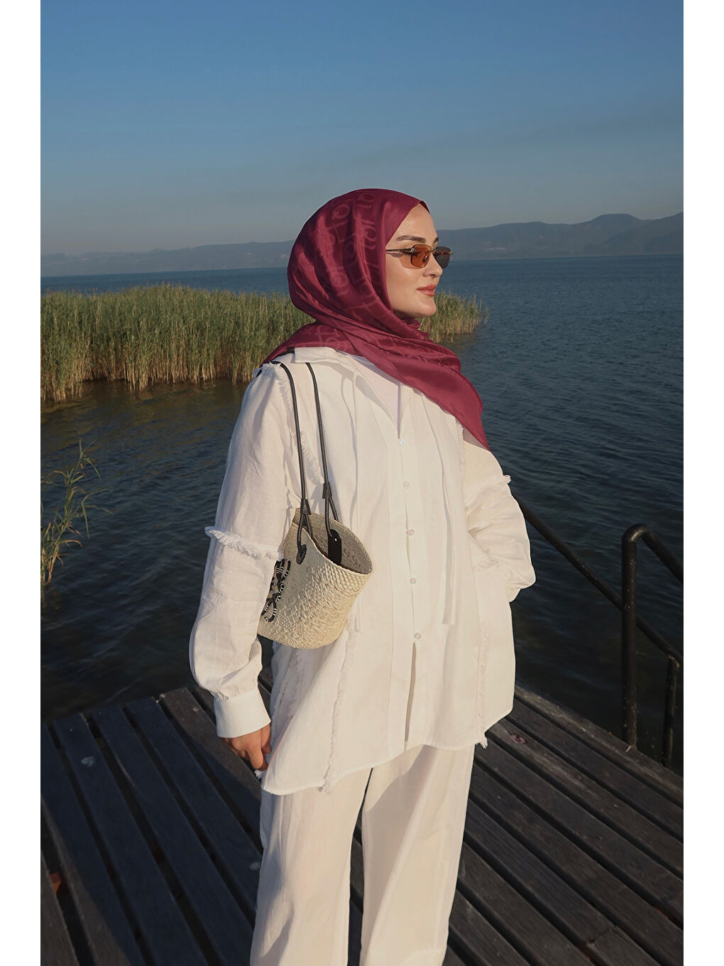 Bordo İpek Jakar Monogram Şal Vişne Çürüğü-8