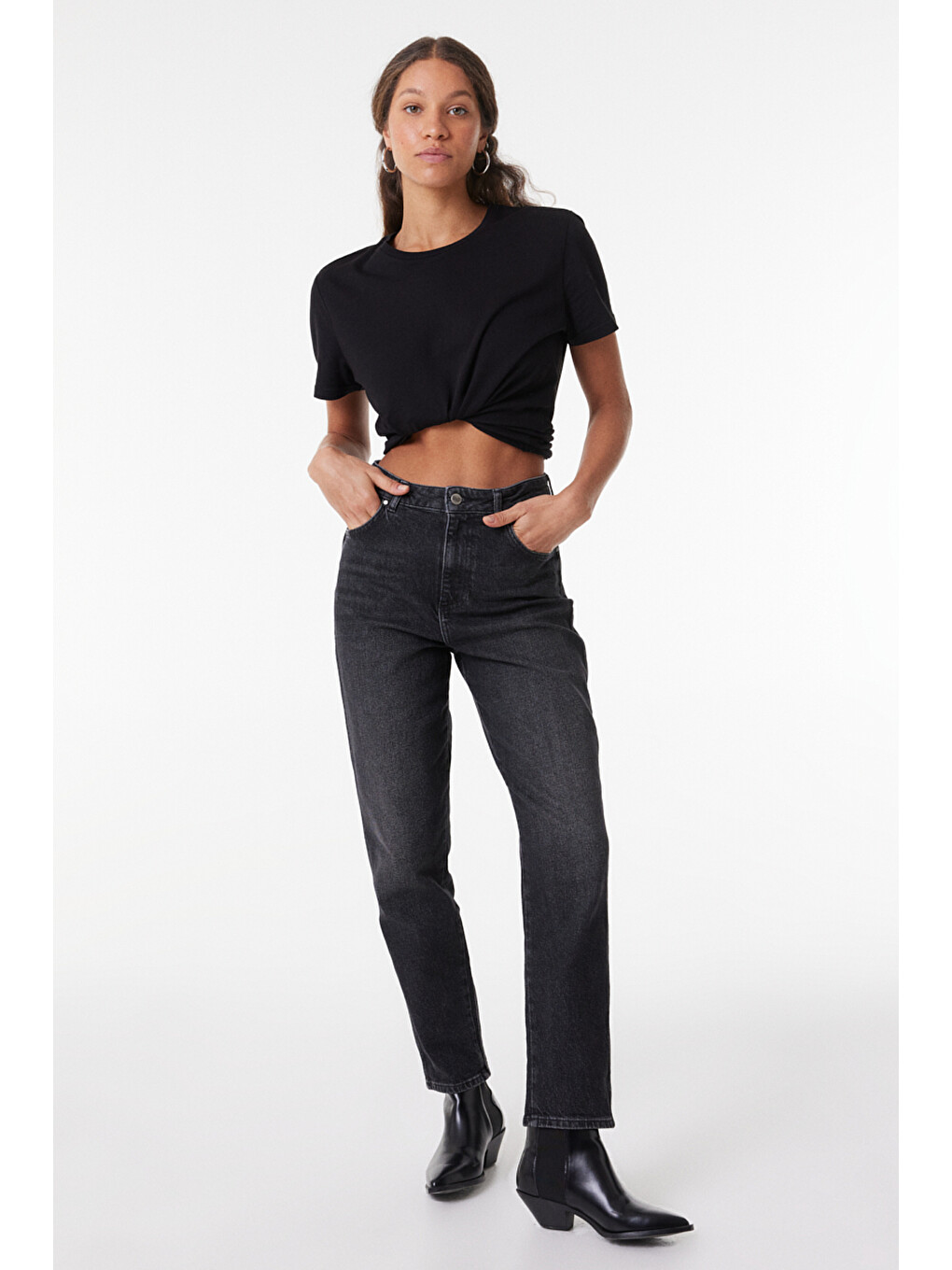 Bej Mom Slim Fit Yüksek Bel Dar Paça Esnek Jean Pantolon-1