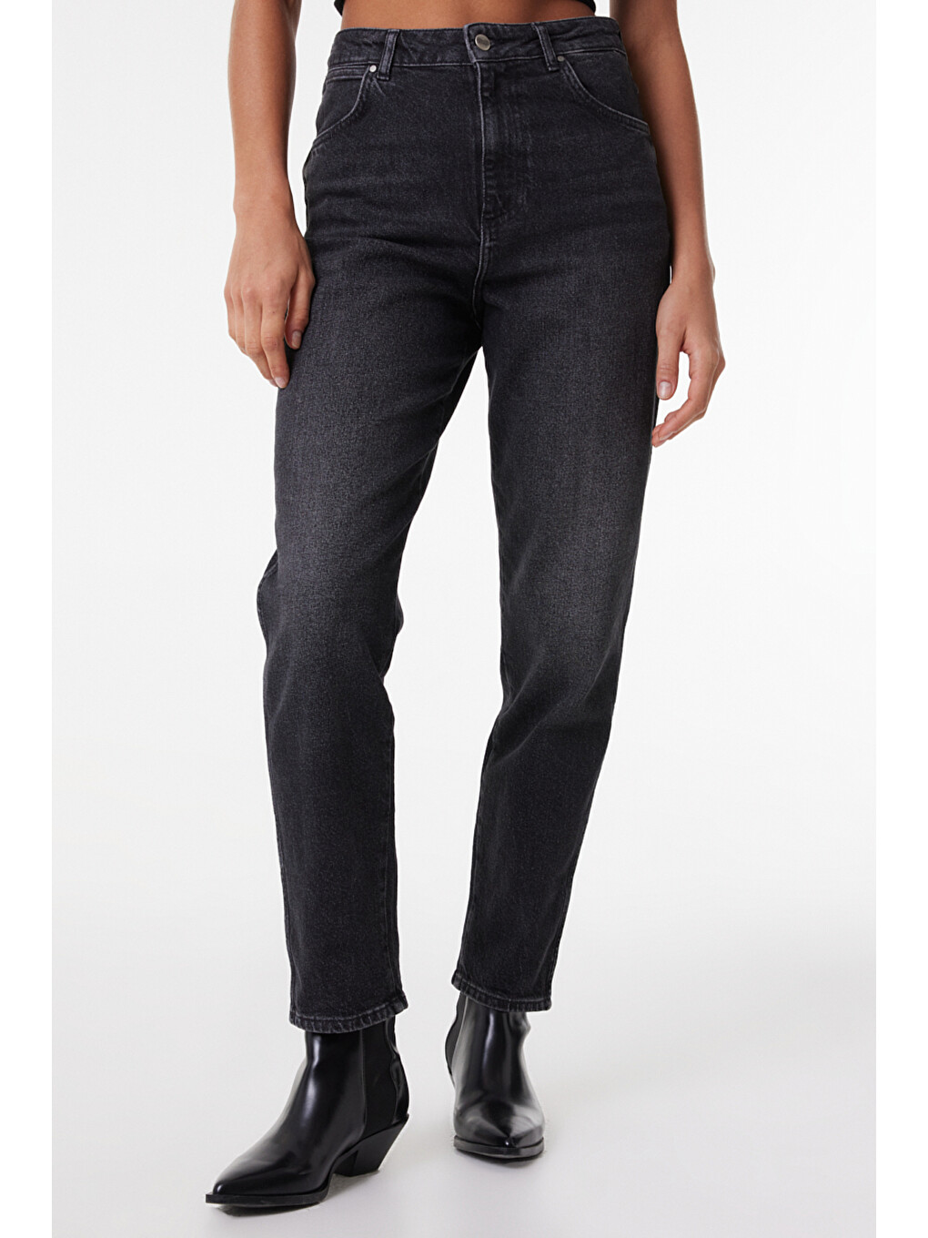 Bej Mom Slim Fit Yüksek Bel Dar Paça Esnek Jean Pantolon-2