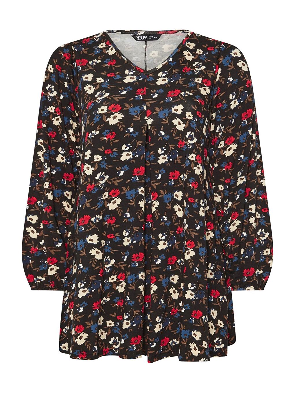 Siyah Büyük Beden Uzun Kollu V Yaka Önü Pileli Çiçek Desenli Bluz 303720-5