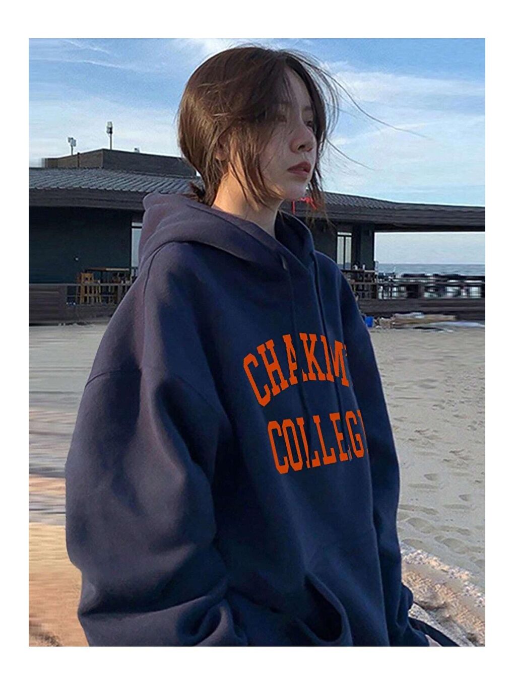 Trendseninle Lacivert Kadın Lacivert Chakm's College Baskılı Kapüşonlu Sweatshirt