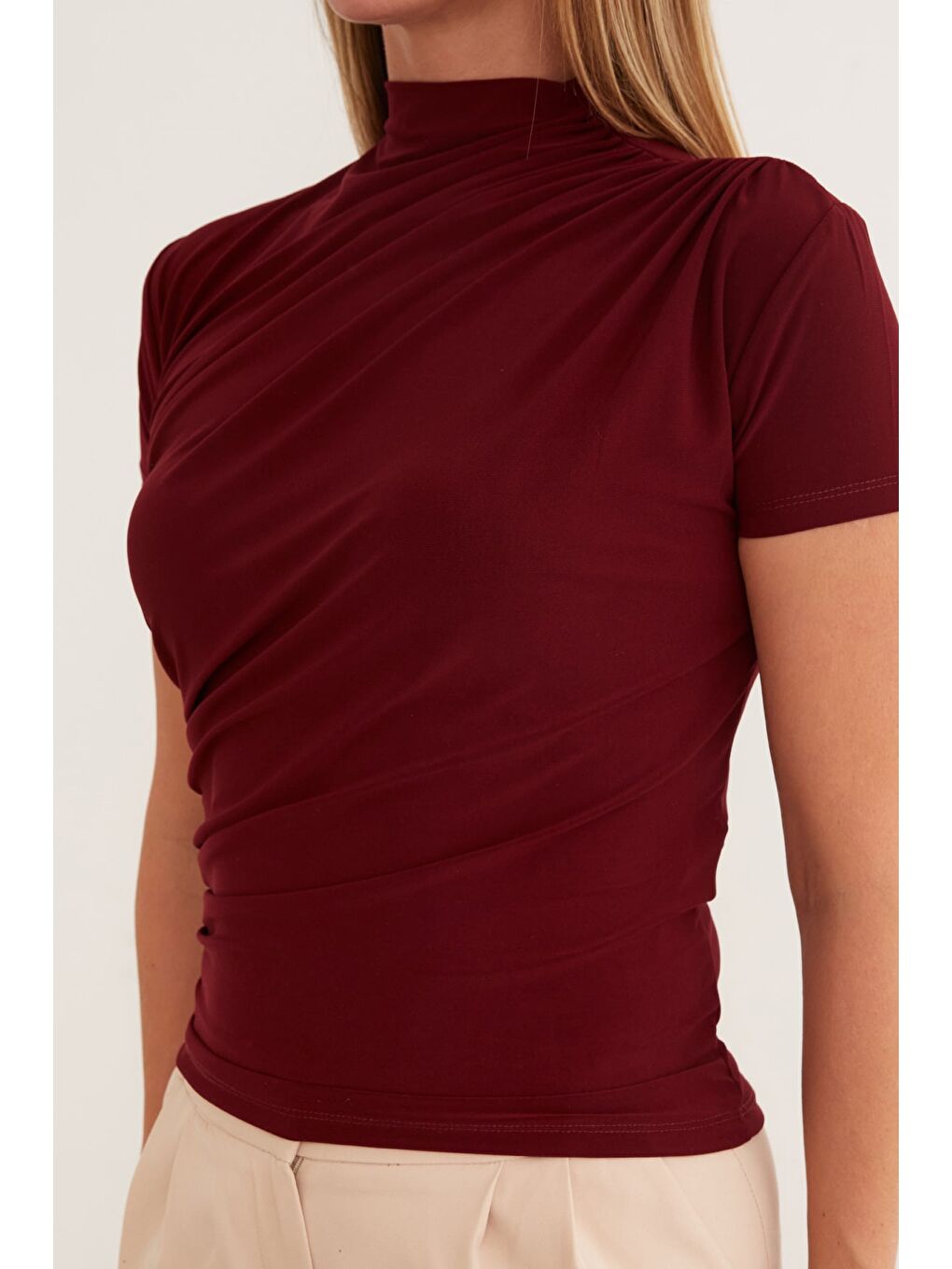 Bordo Drapeli Dik Yaka Bluz-4