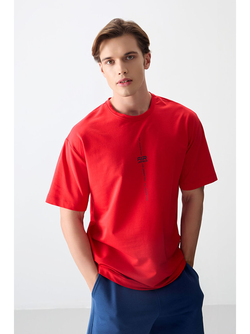 Kırmızı Pamuklu Kalın Yumuşak Dokulu Oversize Fit Baskılı Erkek Tişört - 88373-3