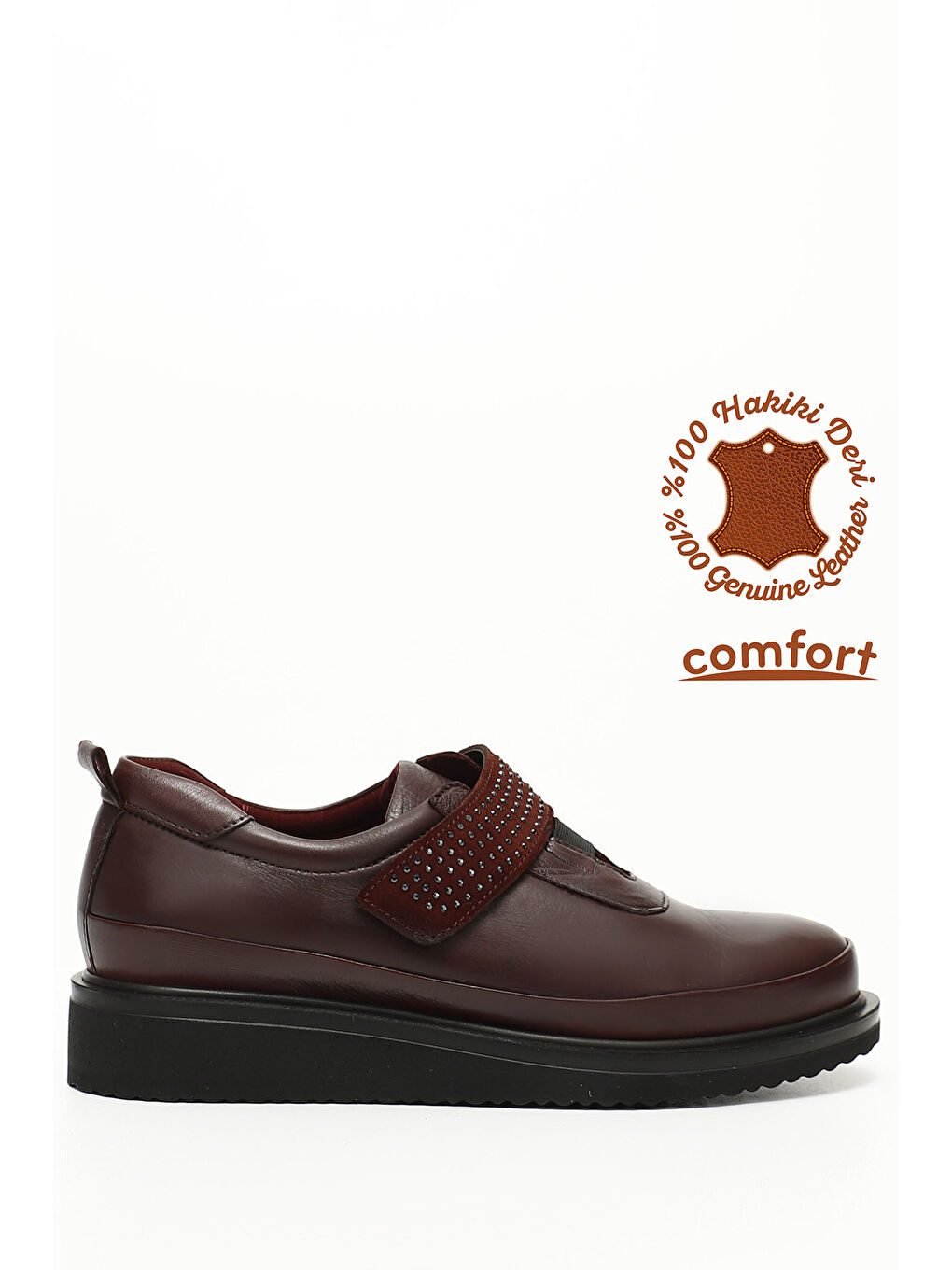 Bordo BORDO  Hakiki Deri Yuvarlak Burun Dolgu Taban Taş Detaylı Kadın Ayakkabı 24145