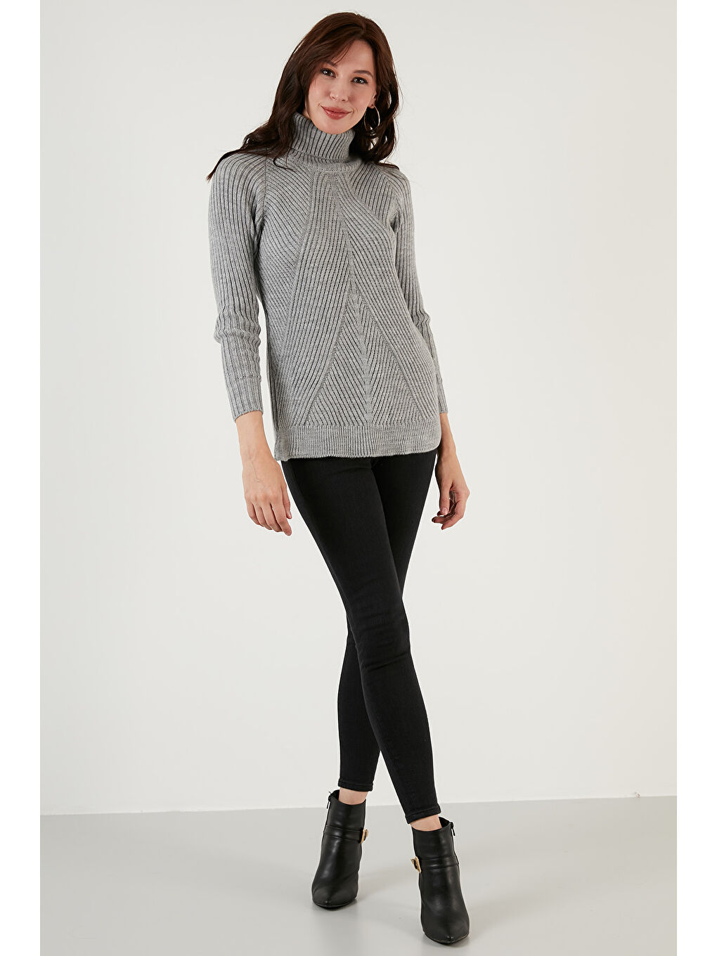 Gri Balıkçı Yaka Örme Uzun Triko Kadın Kazak 4616106-5