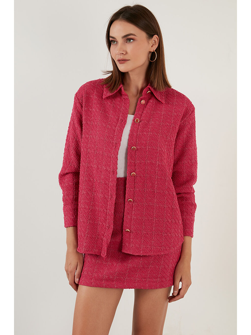 Fuşya Pamuklu Oversize Tüvit Gömlek 42190503-5