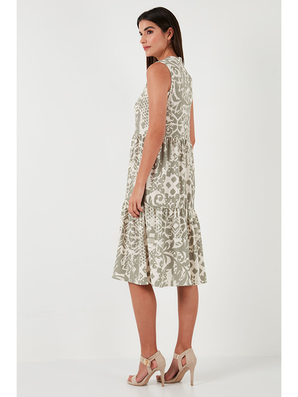 Yeşil Desenli Regular Fit Kolsuz Elbise 5865731-5