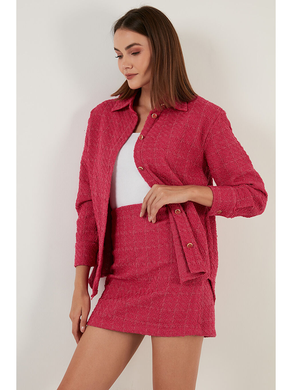 Fuşya Pamuklu Oversize Tüvit Gömlek 42190503-6