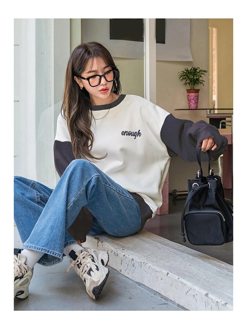 Trendseninle Beyaz Kadın Beyaz Enough Baskılı Füme Kol Detay Oversize Sweatshirt - 2