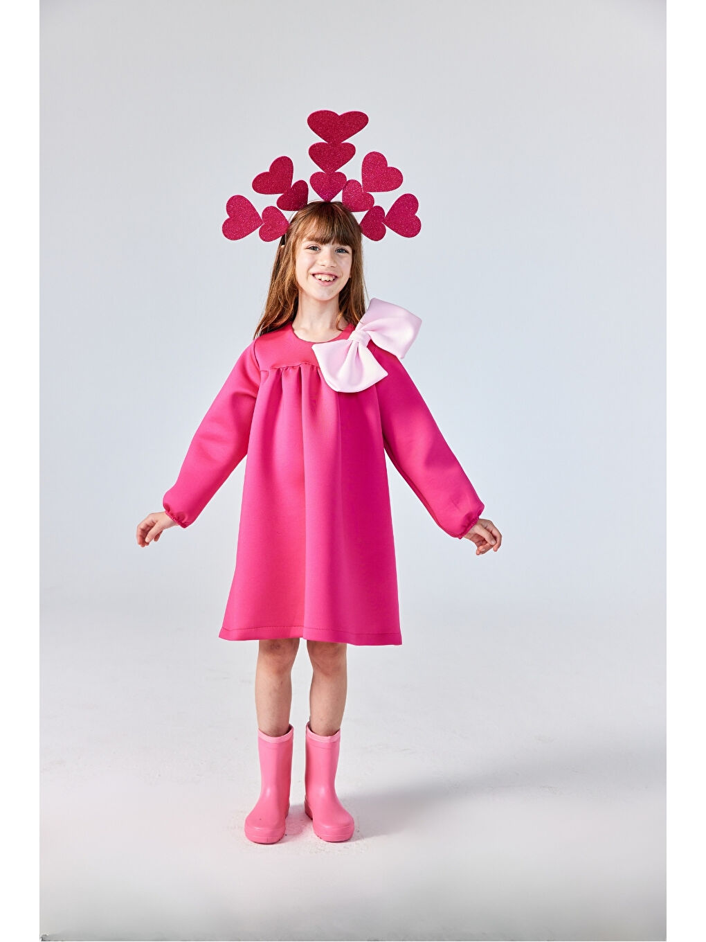 Fuşya Omzu Fiyonk Detaylı Kız Çocuk Elbise - Leah