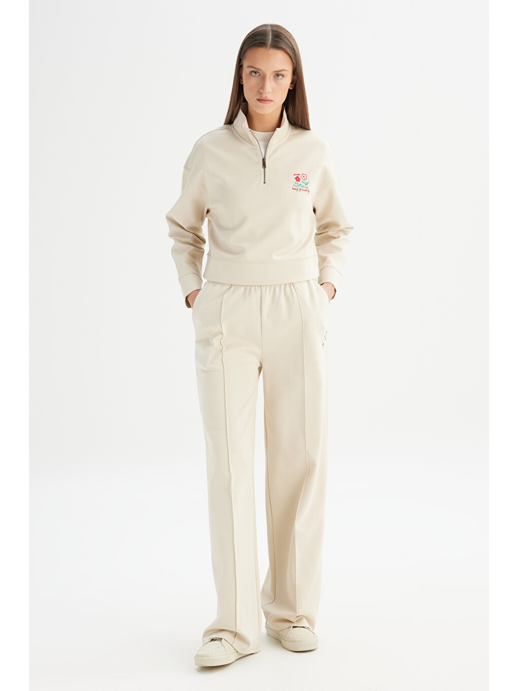Loose Fit Geniş Paça Bej Pamuklu Esnek Sweatpant-2