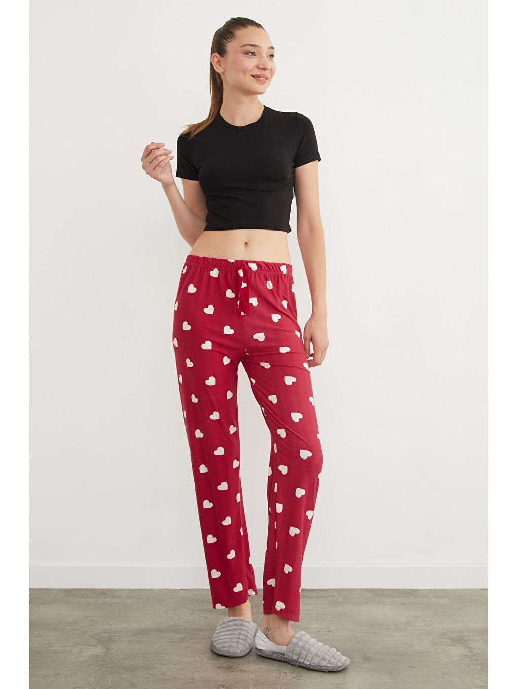 Bordo Kalp Desenli Süet Pijama Altı