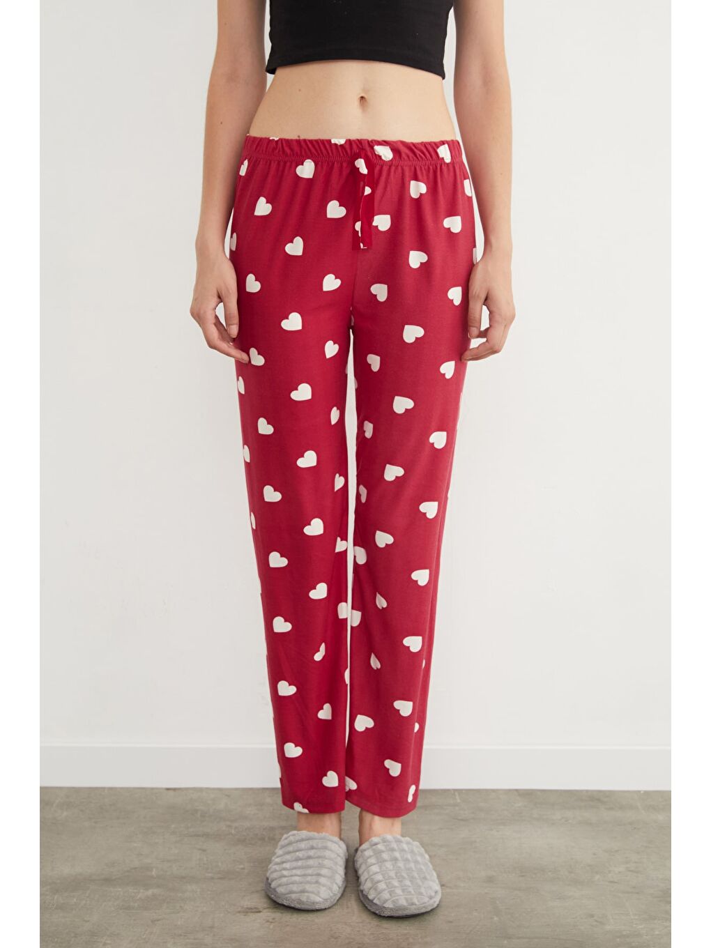 Bordo Kalp Desenli Süet Pijama Altı-1