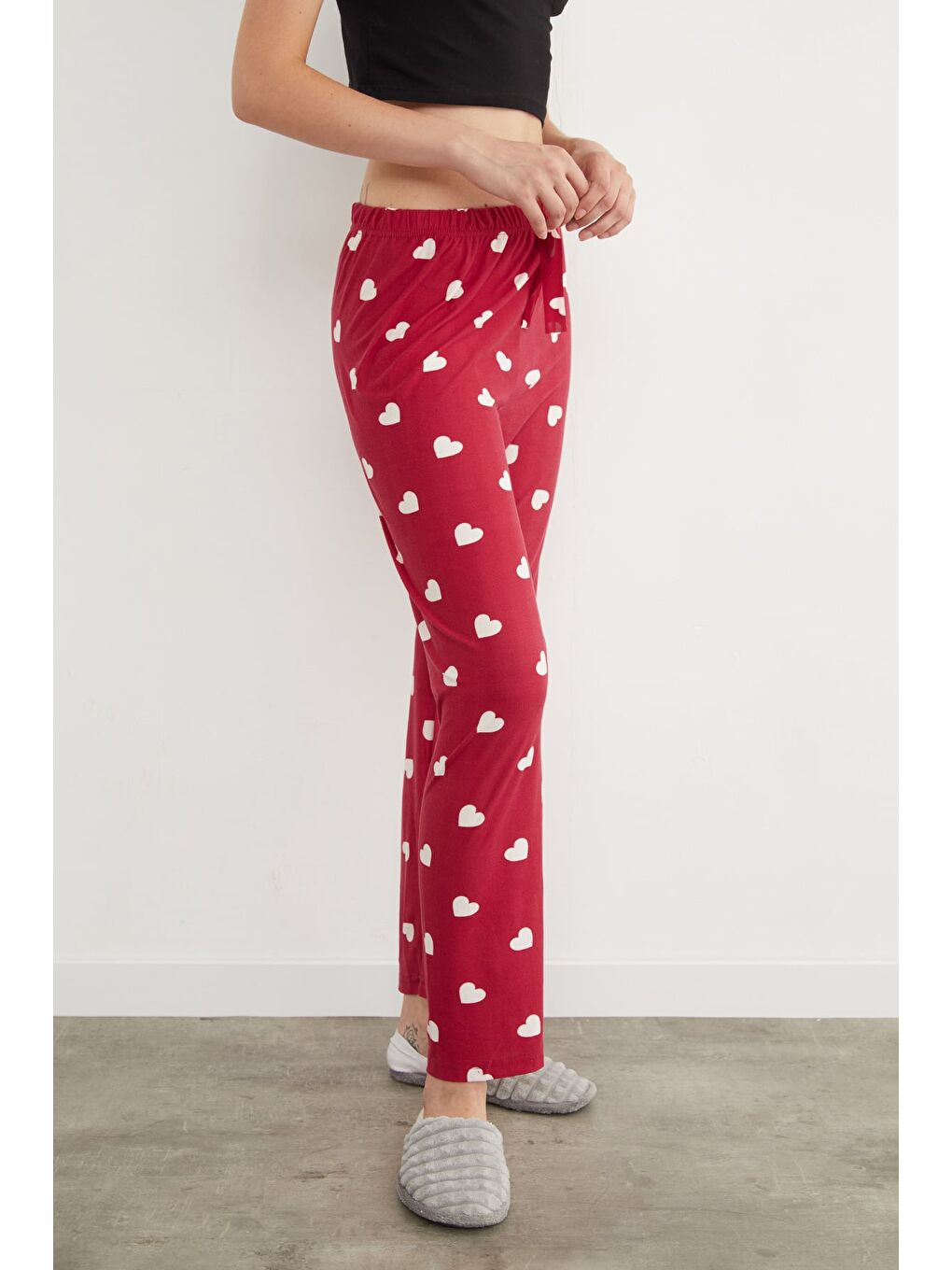 Bordo Kalp Desenli Süet Pijama Altı-3