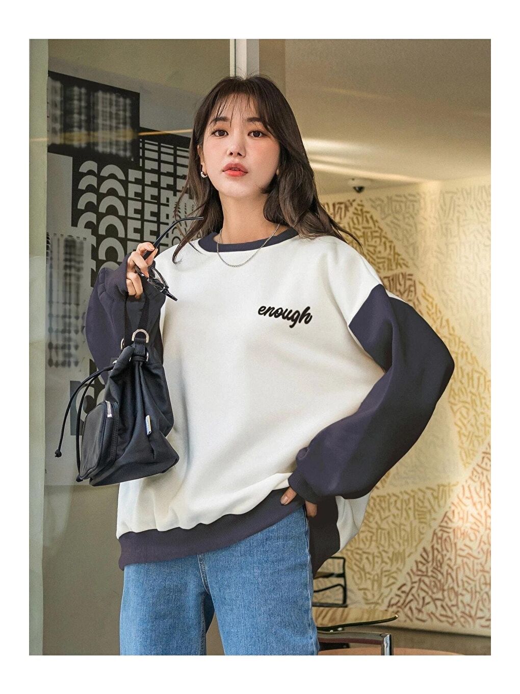 Trendseninle Beyaz Kadın Beyaz Enough Baskılı Füme Kol Detay Oversize Sweatshirt - 3